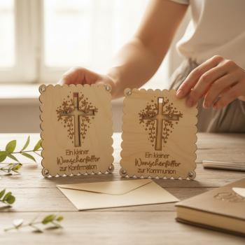 Holzkarte zur Konfirmation oder Kommunion mit eingelegtem Geldschein als Geschenkidee.